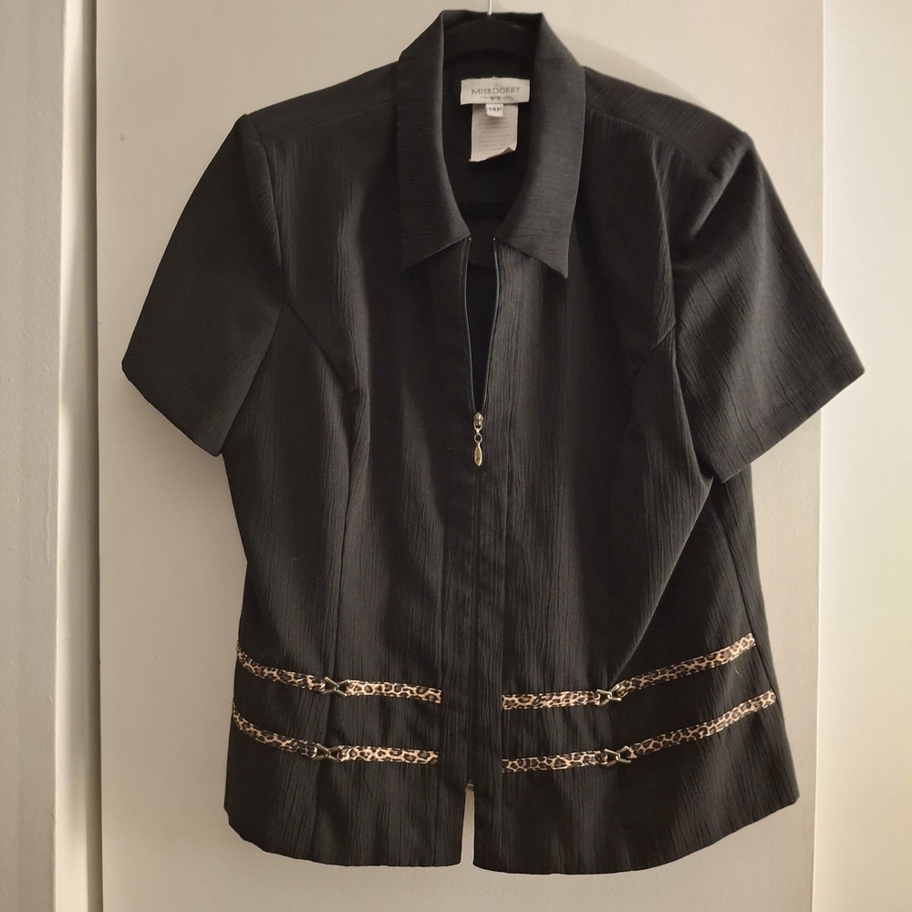Miss Dorby Women's Black Short Sleeve Blouse with Animal Print Detail
